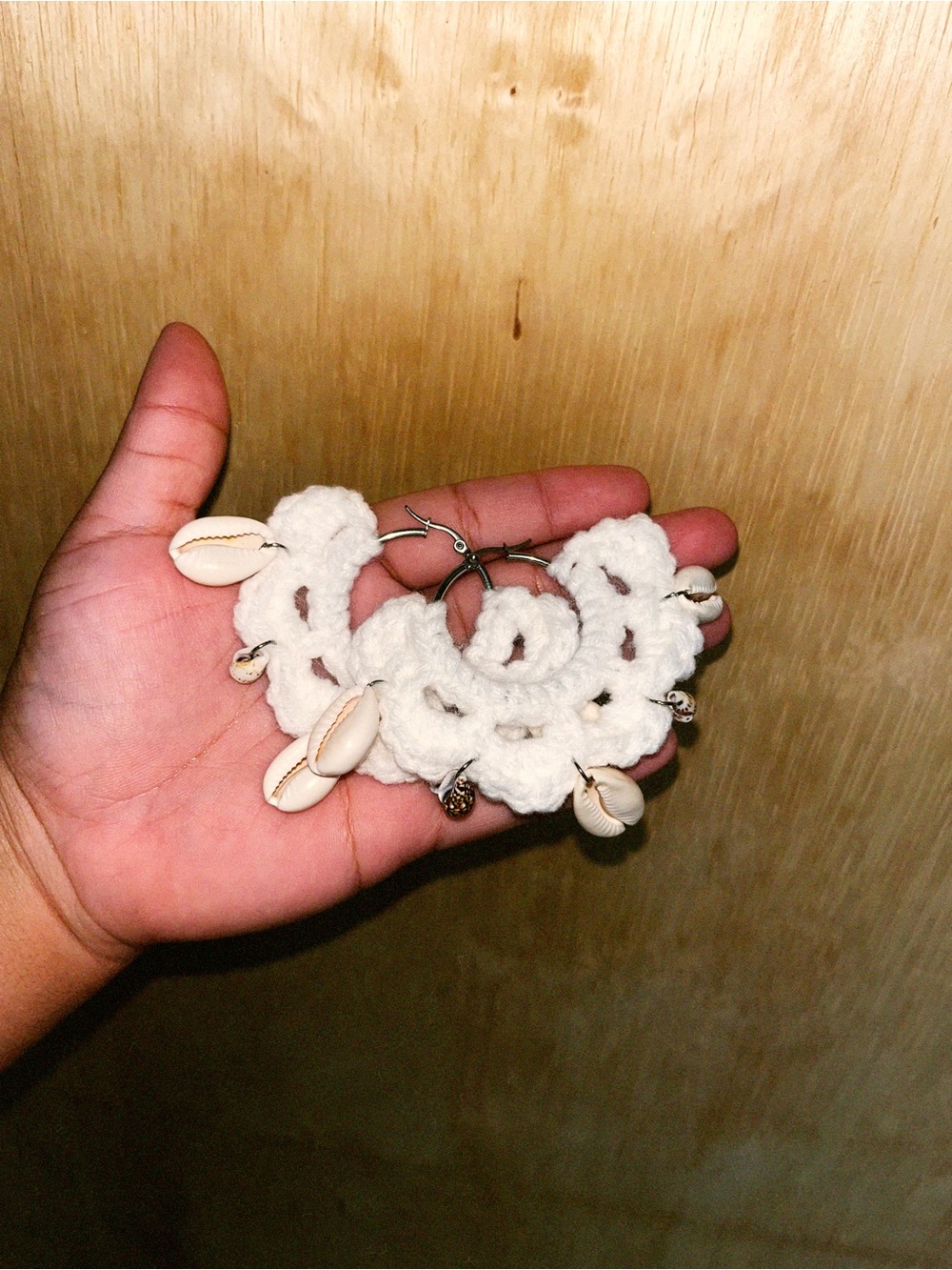 Handmade White Crochet Hoop Earrings with Shell Accents